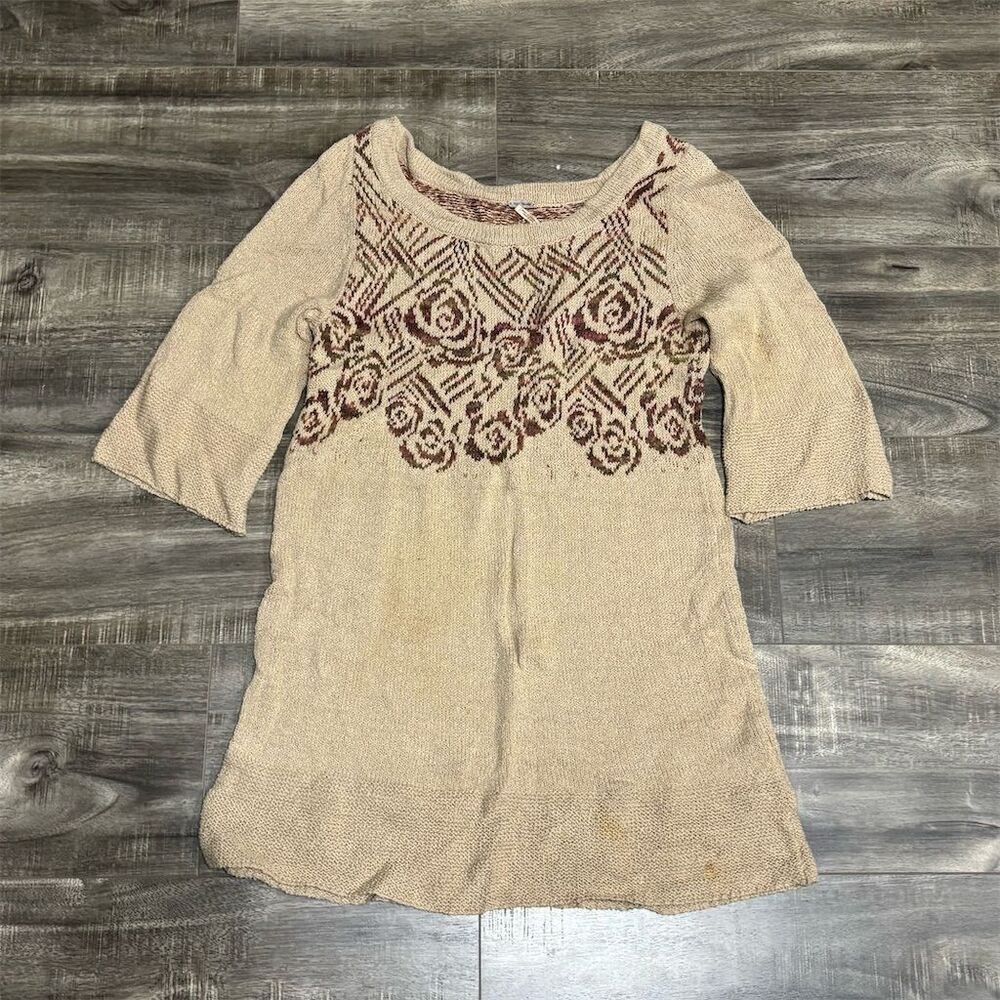 Free People XS Beige Boho Knit Bell Sleeve Tunic Dress Red Rose Floral
